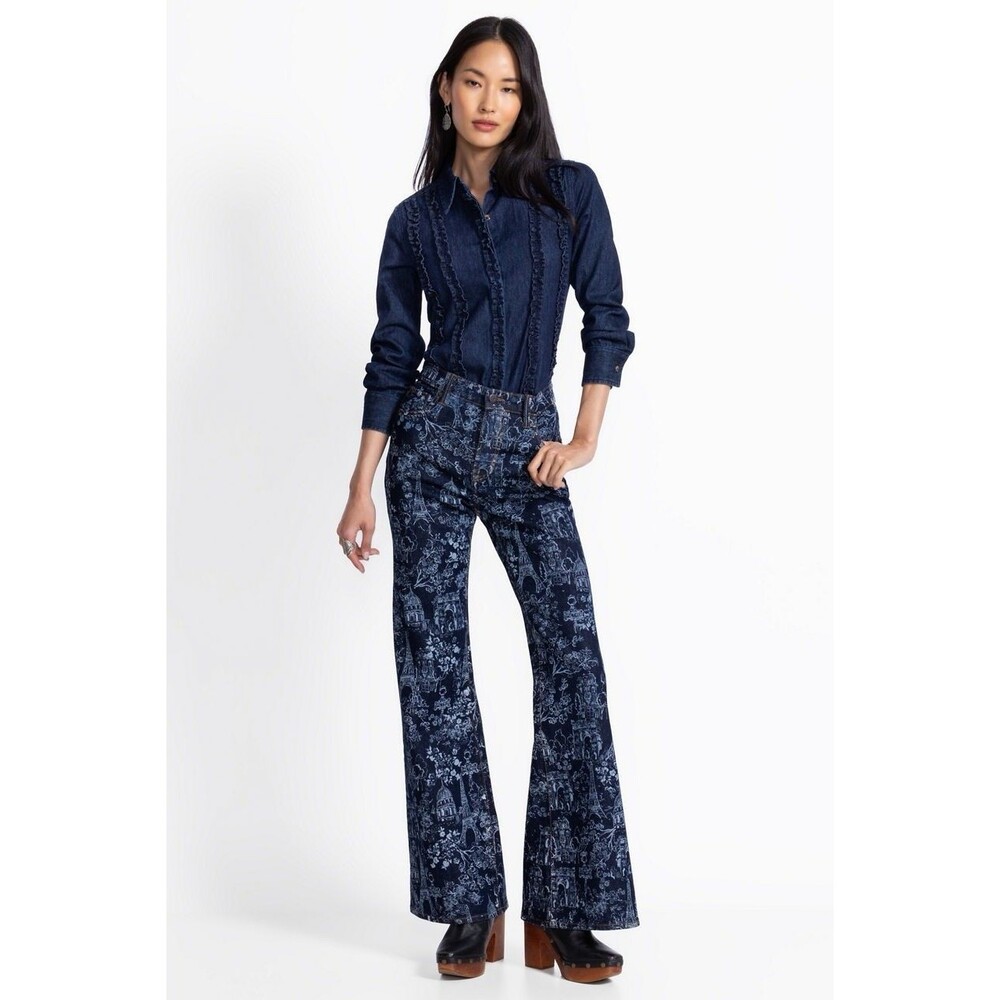 Johnny Was 26 Straight Flare Jean Louisa Womens Dark Blue Denim Floral Paris NWT